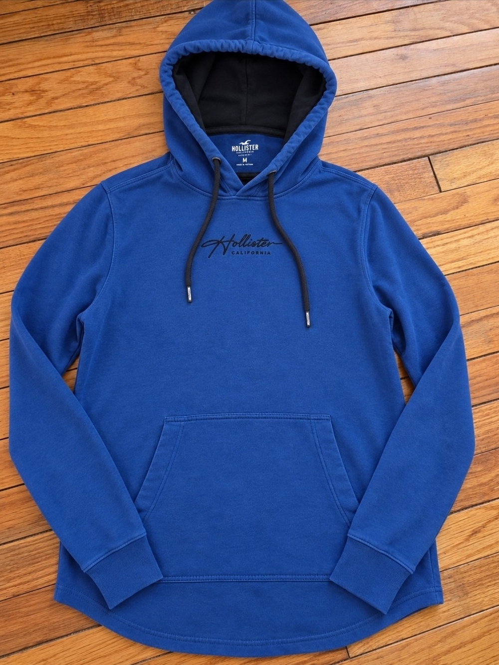Hollister Men's Royal Blue Hooded Tee Pullover with Black Drawstrings